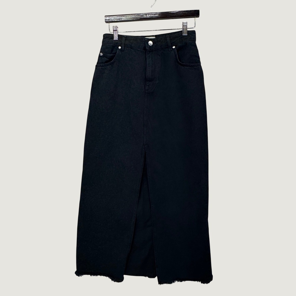 Pilcro Denim Maxi Skirt Size 2 Black Front Slit Raw Hem Grunge Minimalist